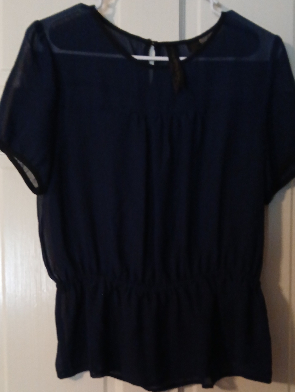 Petticoat Alley Womens Navy Blue Short Sleeve Peplum Top